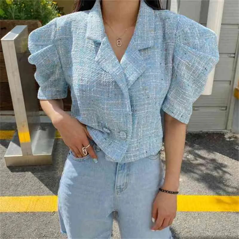 Korean Vintage Tweed Tops Summer Elegant Notched Collar Ladies Puff Sleeve Short Chic Jackets Coat 210519