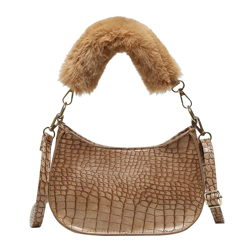 Evening Bags Plush Top Handle Clutch Handbags For Women Embossed Crocodile Effect Shoulder Bag Underarm Purse Tote Zipper Closure