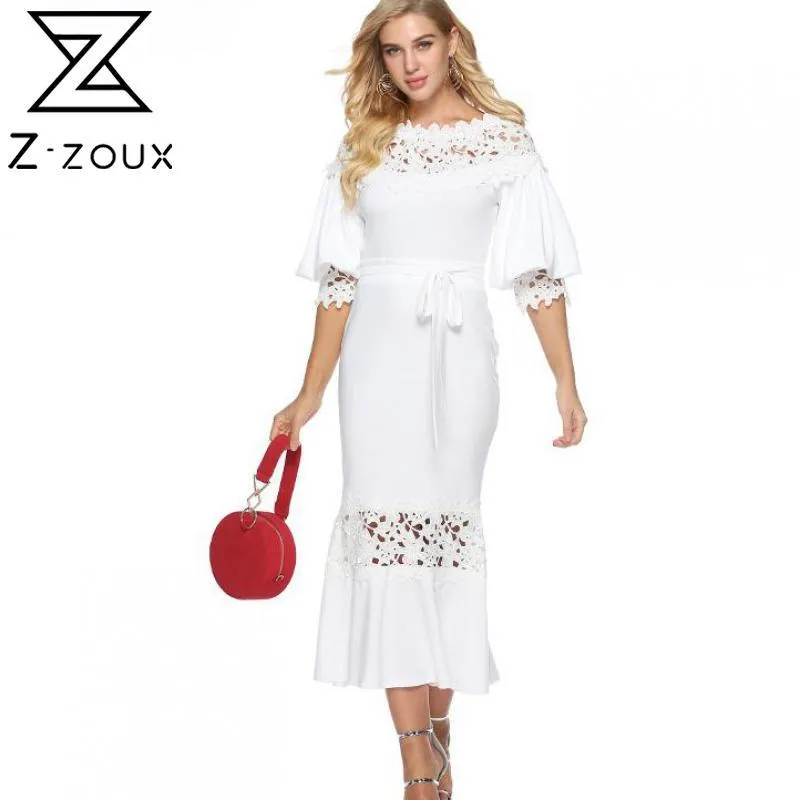 Women Dress Puff Sleeve Lace Patchwork Bandage Sexy Dresses Hollow Out Vintage White Plus Size Fashion 210524