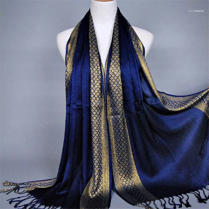 Etnische kleding 60 * 180 cm moslim zilver goud garen hijab sjaal islamitische hoofddoek met kwastje foulard femme musulman tulband Arabische kop wraps1