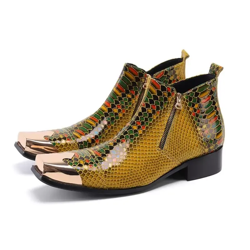 Mode hommes botte courte en cuir de vache véritable cheville formelle fermeture éclair robe chaussures travail sécurité serpent imprimé jaune Chelsea bottes