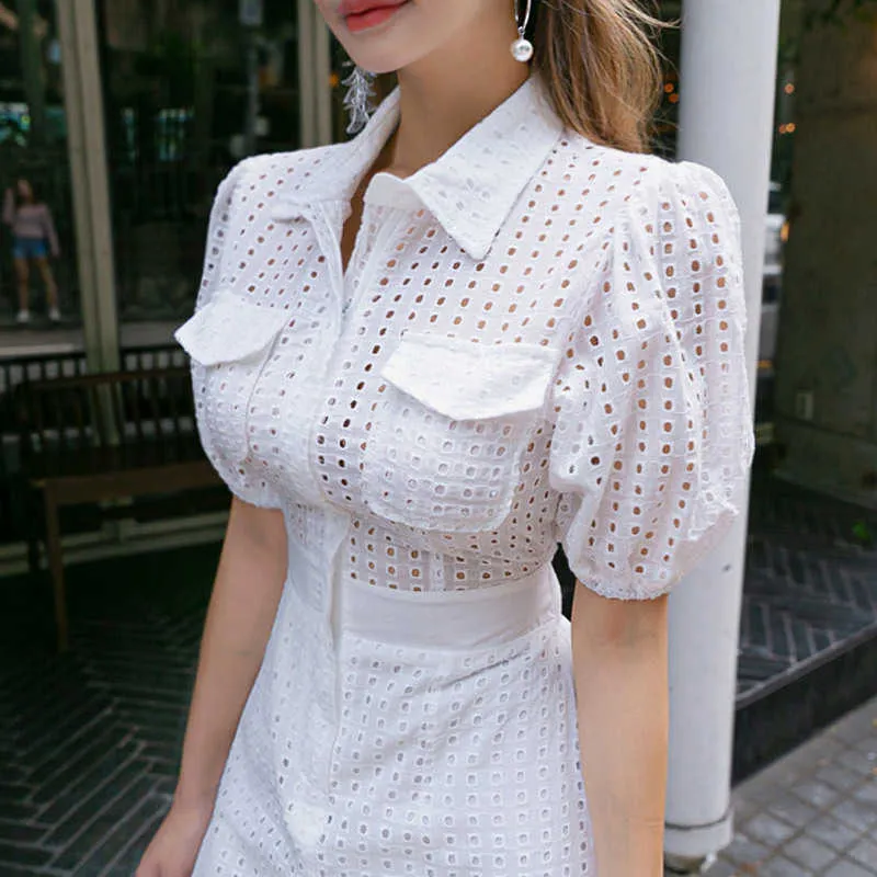 WOMENGAGA Corea verano ropa de mujer manga corta camisa delgada moda cintura hueca mini vestido vestidos sexy tops H63A 210603