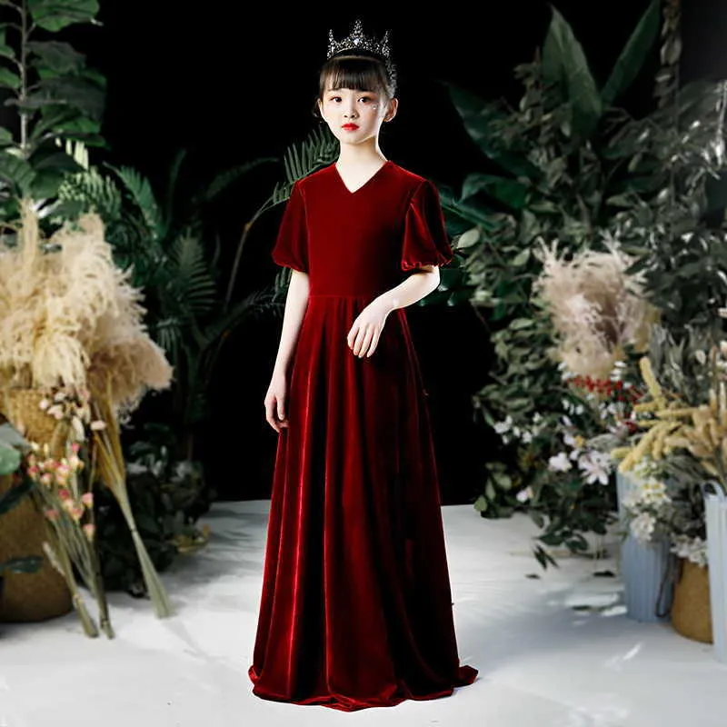 Flower Girl Long Dress Autumn Winter Wine Red Velvet Show Princess Party Piano Performance Clothes for TB001 210610