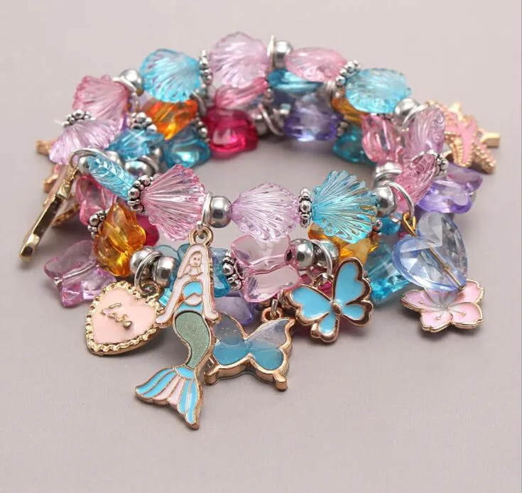 Ins Barn Smycken Armband Färgglada Pärlor Söt Fjäril Mermaid Charms Design Princess Gift