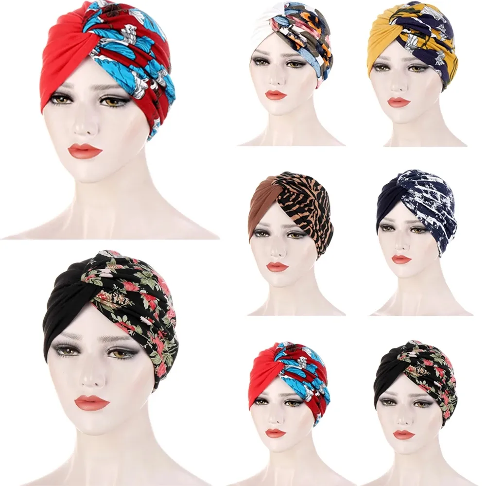 Turbante indiano Stampa musulmana Hijab Donna Chemio Cap Knot Cross Hair Loss Cover Beanie Bonnet Cancer Hat Stretch Jersey Copricapo Cappello