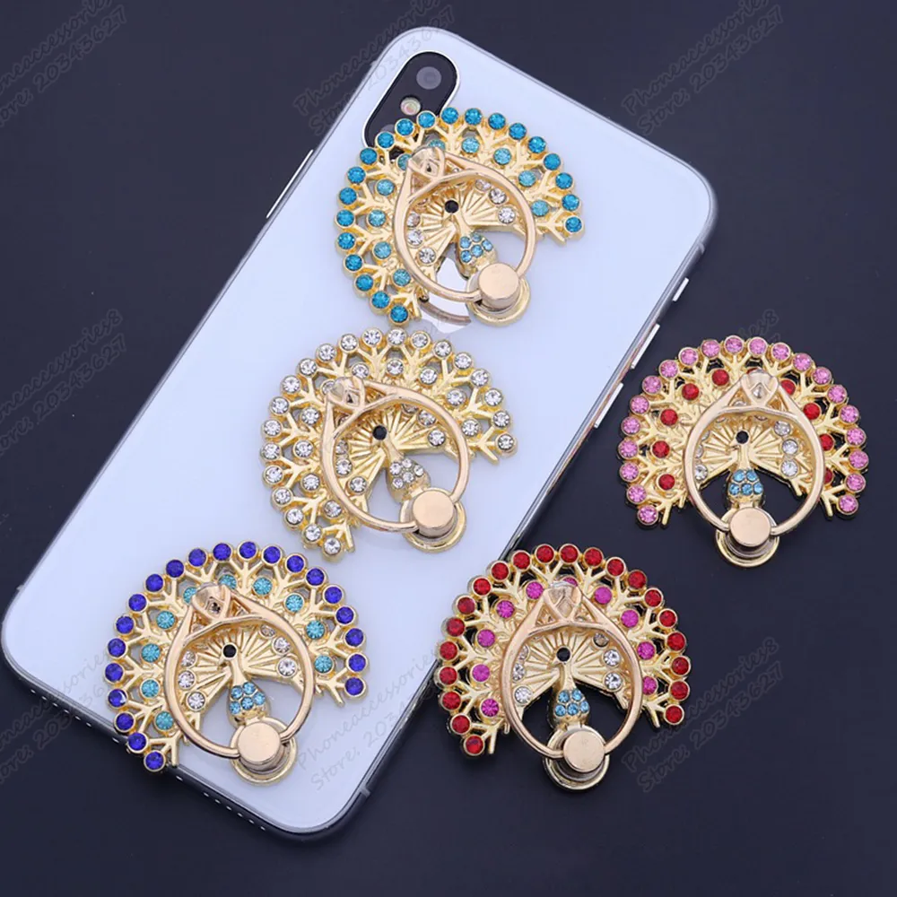 Universal Peacock Diamant Bling Metal Finger Ringhållare 360 ​​Degree Cell Phone Stand Bracket för iPhone Samsung Huawei LG Moto