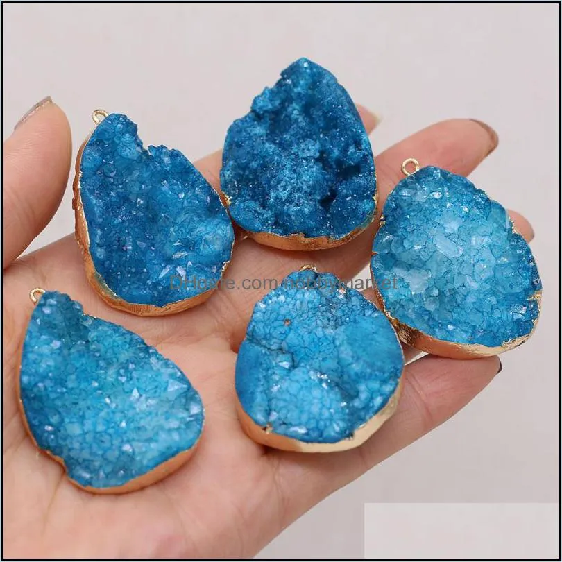 Charms Jewelry Findings & Components 30X45Mm Natural Stone Agate Blue Crystal Tooth Drop Shape Pendant For Making Diy Necklace Aessories Exq