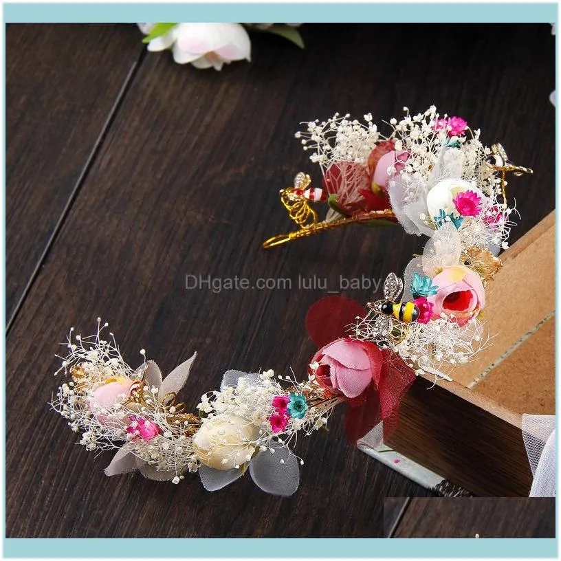 Hårsmyckesklipp Barrettes Handgjorda naturliga blommor Vine Bridal Tiara Crown Bride Chaplet Headpiece Women Wedding Decoration for Jewe