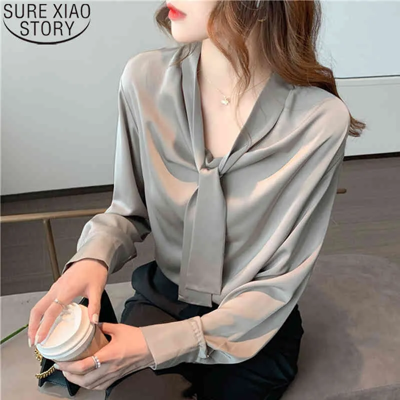 Office Lady Chiffon Fashion Tie Shirt V-neck Gray Solid Long Sleeve Blouse Autumn Clothes Loose Women Tops 11545 210417