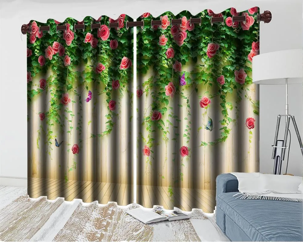 Modernt sovrum fönster 3d gardin känsliga blommor på träväggen romantisk blommig dekoration gardiner draperier