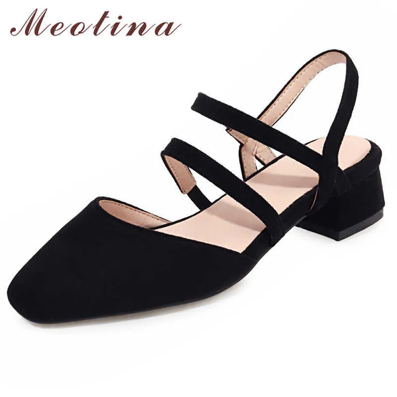 Meotina Leopard Shoes女性のスリングバックミッドヒールポンプスクエアトゥブロックヒールレディースフットウェア夏のドレスシューズ女性ブラック210608