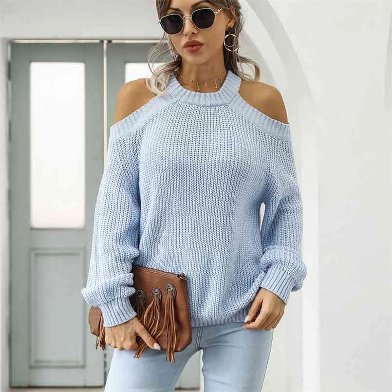 Otoño moda casual o cuello fuera del hombro suéteres de gran tamaño para mujer manga larga suéter suelto suéteres dama invierno completo 210508