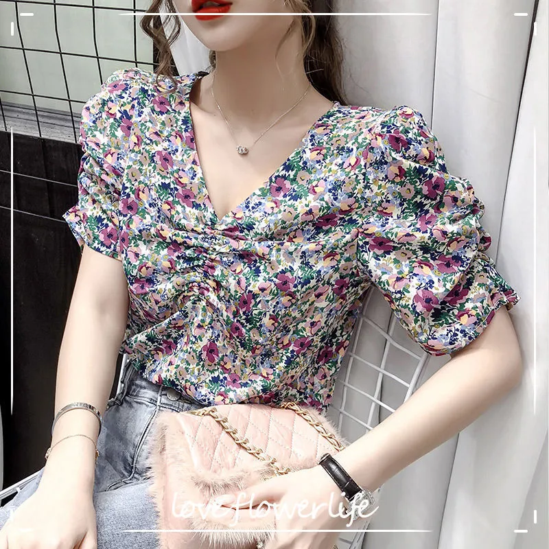 Çiçek Şifon Bluzlar Kadın Puf Kol Yaz V Yaka Kısa Kollu Üst Moda Varış Kore Tarzı Bayanlar Tops 210521