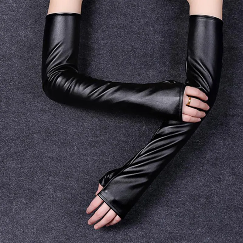 Women039s Thin Long Fingerless Pu Leather Driving Gloves Winter Warm Half Finger Arm Sleeve Nightclub Show Pekskärm Mitten 867238E