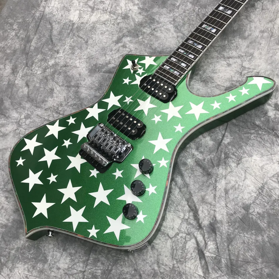 White Zombie Jay Yuenger ICJ100WZ Iceman Galactic Guitare électrique Vert métallisé Argent Star Top, Floyd Rose Tremolo Bridge Whammy Bar, Corps en abalone