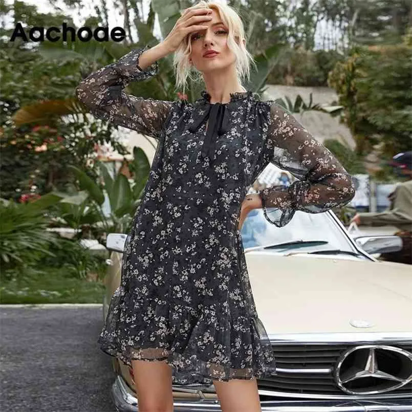 Aachoae Femmes Ruffle Bow Tie Mini Robe d'impression florale Vintage à manches longues Casual Robe plissée en vrac Volants Robe de soirée Robes 210915