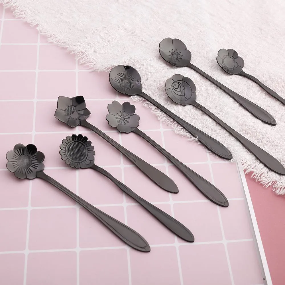 Black Rainbow Spoons Flower Dessert Coffee Spoons Stainless Steel Sugar Spoons Cutlery