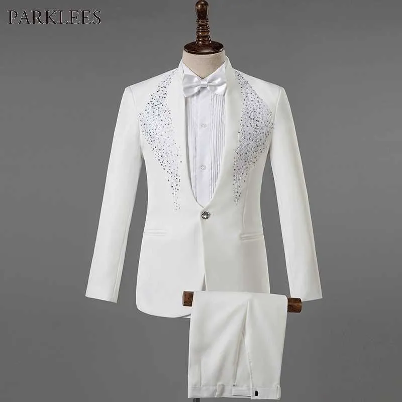 ホワイトウェディンググルーミングドレススーツ男性衣装ホムマリージュ2020スタイリッシュなダイヤモンド刺繍スリムフィットタキシードメンズスーツズボンx0909