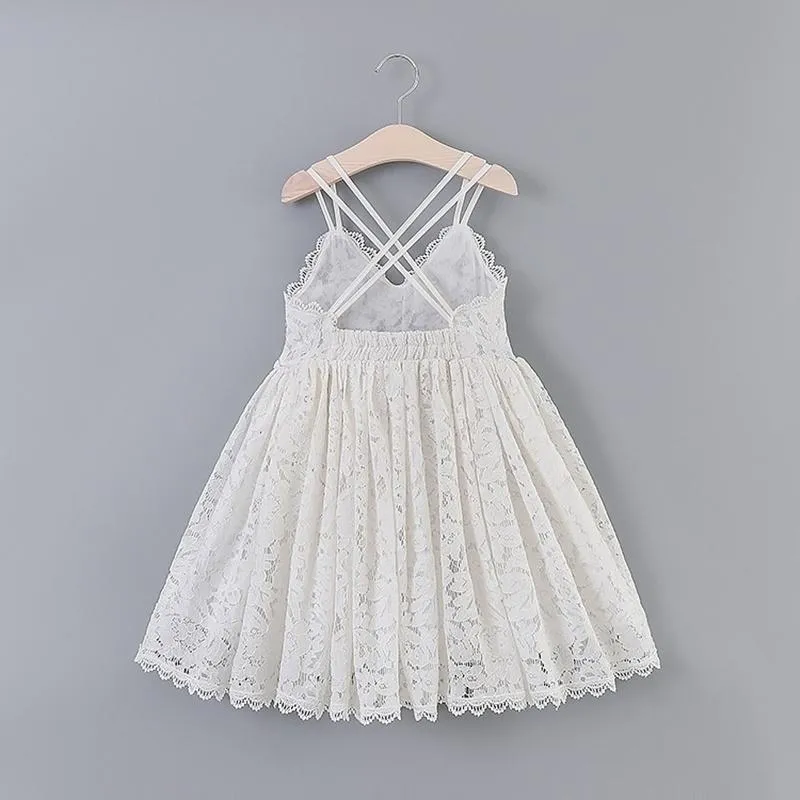 Meisjes slinger backless kant witte jurken voor kinderen 3-8 jaar verjaardag partij kleding kinderen bloem vest vakantie strand sundress girl's