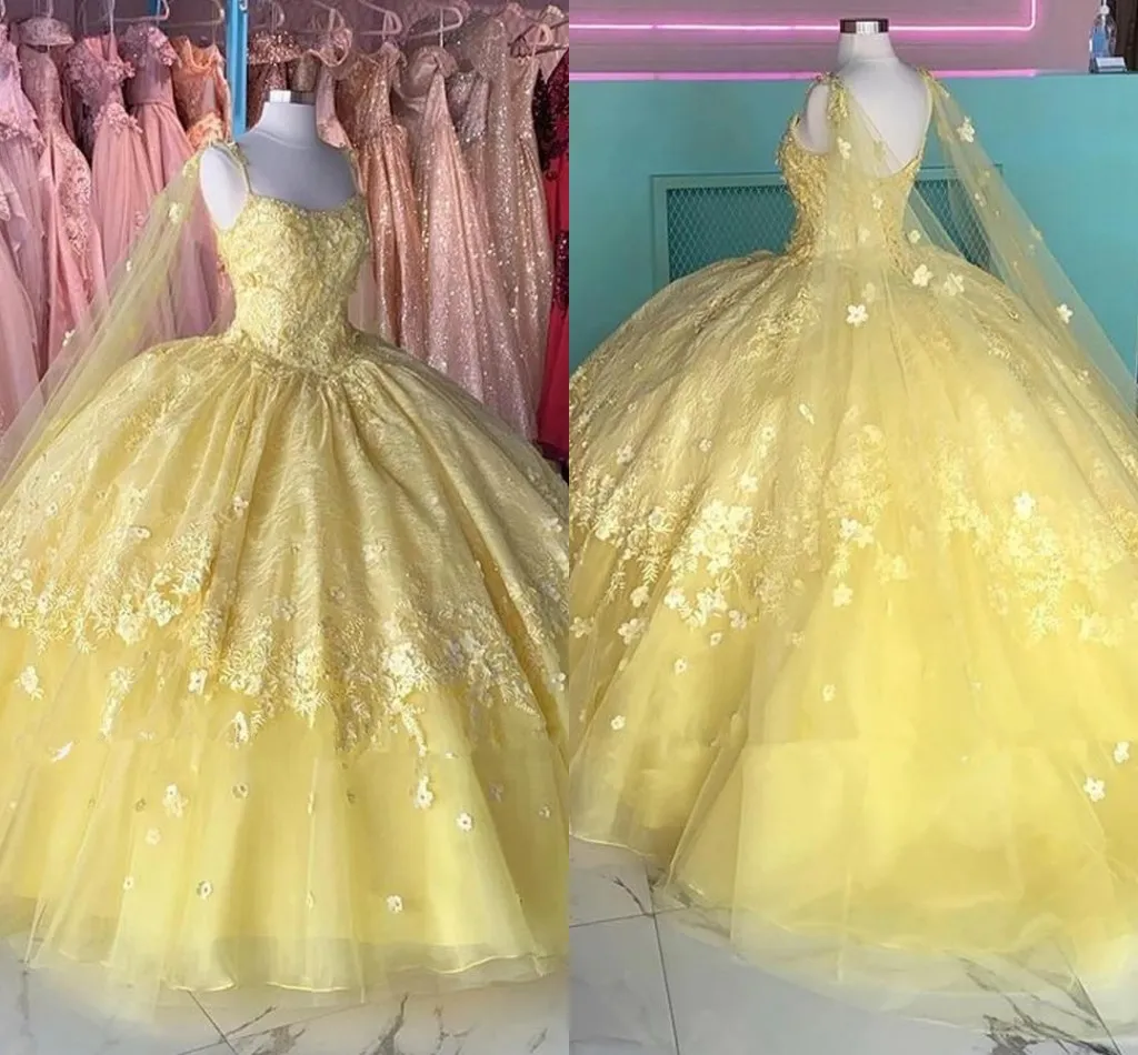 2023 Sarı Dantel Çiçekler Kaplı Quinceanera Elbiseler Tül İnciler Spagetti Straplez Dantel-up Abiye Resmi Elbise Tatlı 15 16 Kız