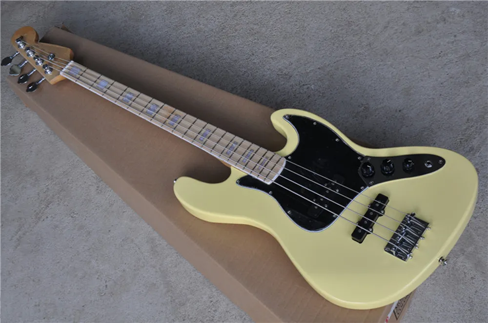 Yellow body 4 strings Electric Bass Guitar with Black Pickguard,Maple Fretboard,20 Frets,Chrome Hardware,offer customized