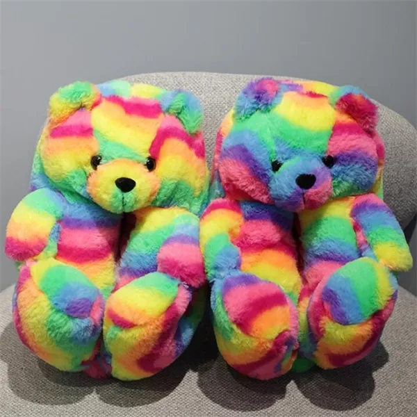 Pantofole in cotone con orsacchiotto di cartone animato adorabile da donna inverno arcobaleno colorato scivoli caldi orso carino scarpe da interno scivoli in pelliccia sintetica ragazza Y1120