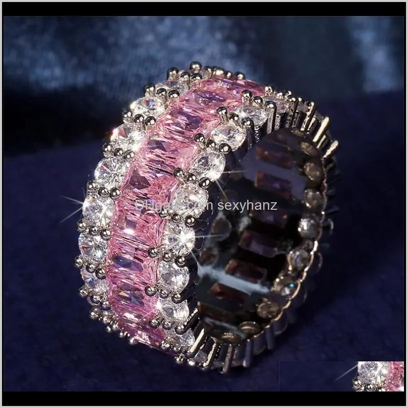 2020 new arrival luxury jewelry 925 sterling silver princess cut pink sapphire cz diamond gemstones promise women wedding band ring