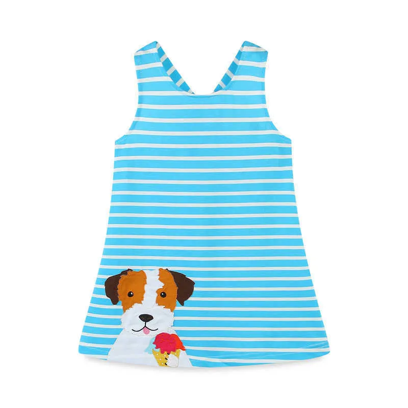 ジャンプメーター夏のパーティーガールズドレス犬のアップリケ綿の子供の服のノースリーブストライプベビー210529