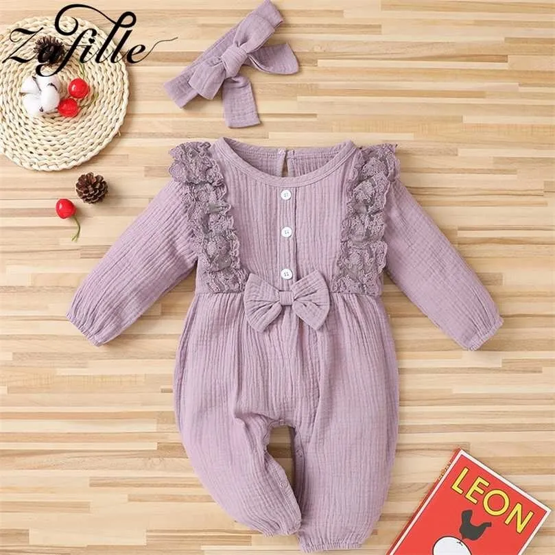 Zafille Baby Girl Romper 8色レースlepewear for Borns服フリル弓弓ジャンプスーツ+ヘッドバンド211101