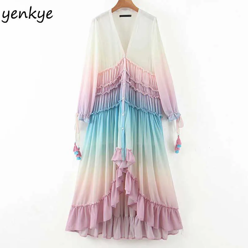 Multicolor Gradient Print Long Maxi Klänning Kvinnor V Neck Långärmad Ruffle Holiday Boho Beach Dress A-Line Chiffon Sommarklänning 210706