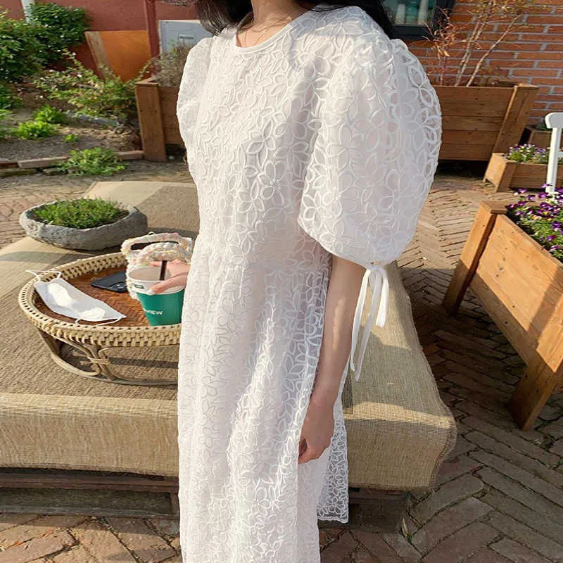 Lace Hook Woman Dress Korean Bow Tie Puff Sleeve O Neck Dresses