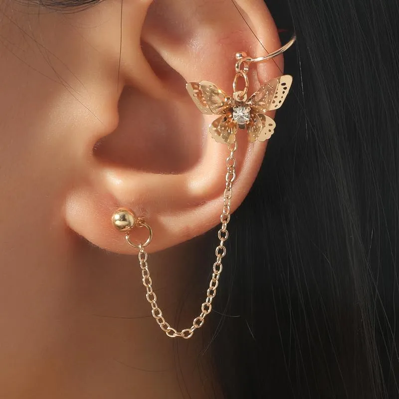 Stud Aretes estetiska Vintage Örhängen Clip-on Tillbehör Dangle Big Butterfly Clips Hängande kedja Gullig stil Koreansk mode