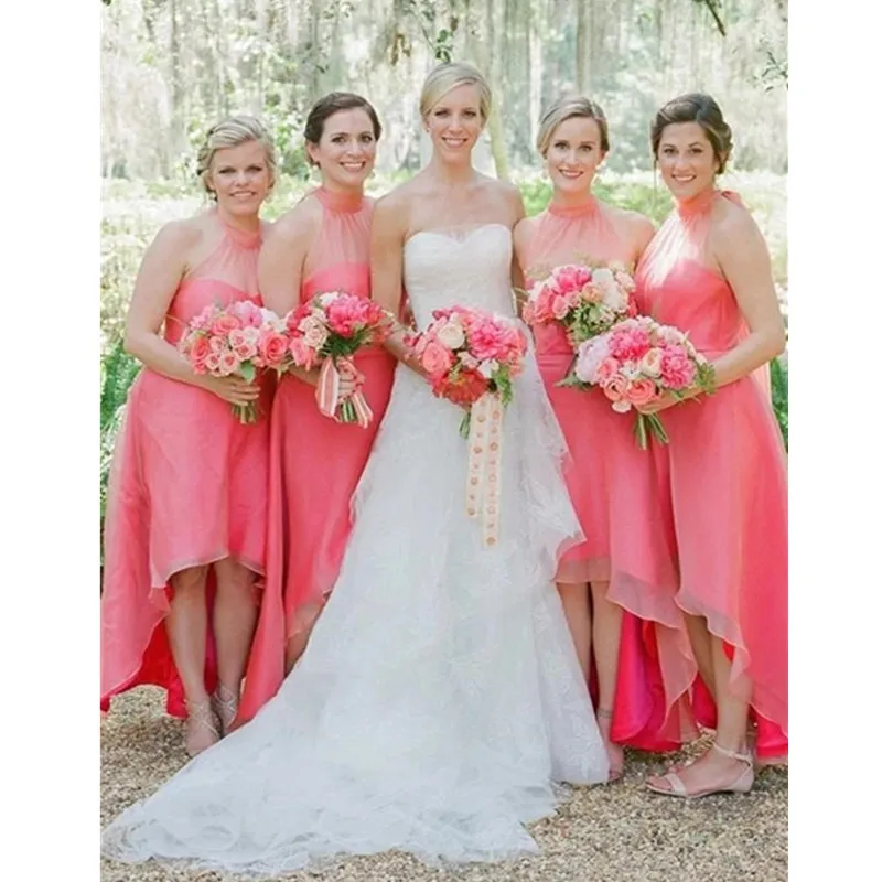 Watermelon High Low Halter Neck wedding dress wrap - Country Style, Ruched Backless, Perfect for Summer Weddings
