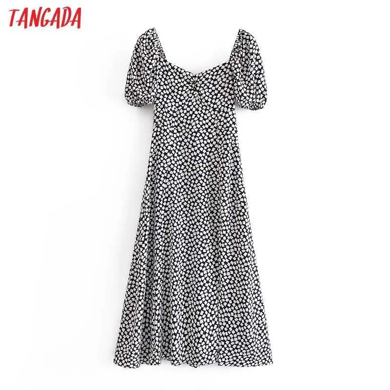 Tangada Summer Rome Geometryプリントフレンチスタイルドレスパフ半袖レディースMidi Dress Vestidos QN26 210609