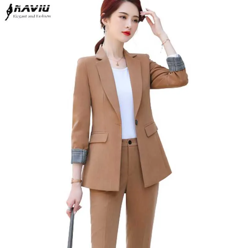 Naviu mode fritidsbyxor passar kvinnor temperament smal formell långärmad blazer och byxor kontor damer arbete bär 210604