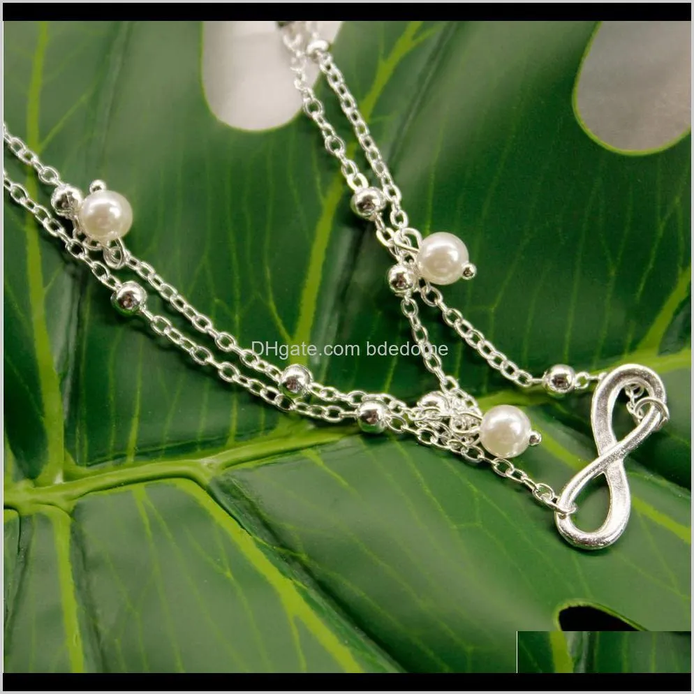 anklet sets 2pcs/bag white bead pendant 8 shape charm silver gold color metal plated chain for women gift