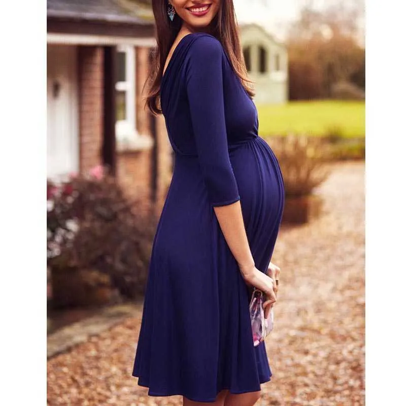 Breastfeeding Dresses Maternity Clothes for Pregnant Women Clothing Solid V-Neck Pregnancy Dresses Mother Wear Evening Dress