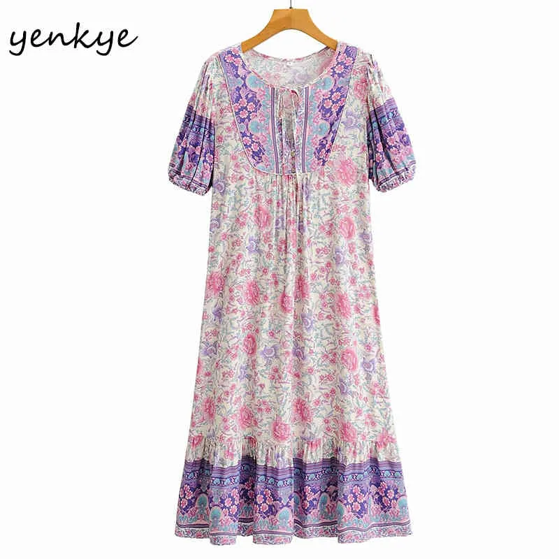 Vintage Floral Print Holiday Dress Kobiety Lace Up O Neck Krótki Rękaw Casual Luźna Kobieta Plus Size Summer Vestido 210430