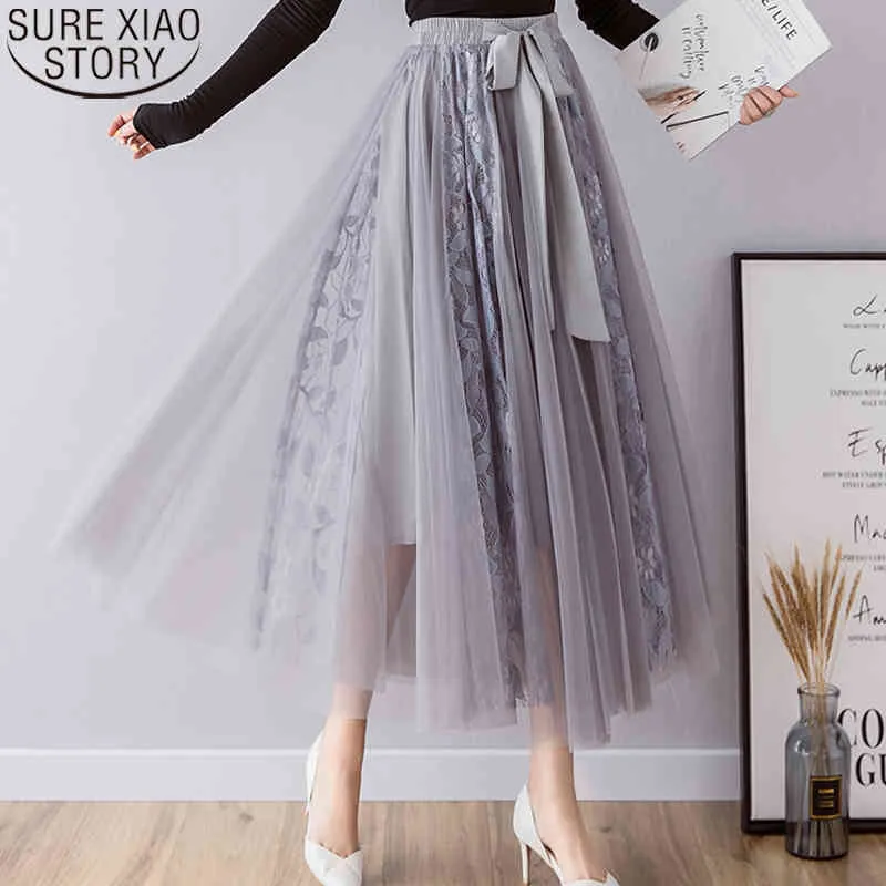 Women's Mesh Pleated Long Skirt, Elegant Floral Lace Tulle Maxi Skirt, High  Waist A-Line Party Skirts