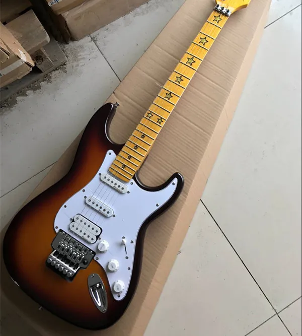 Högkvalitativ anpassad butik Sunburst Electric Guitar Passiv S-S-H pickups med Tremolo Maple Fingerboard Locked Nuts Stars Frets Inlay