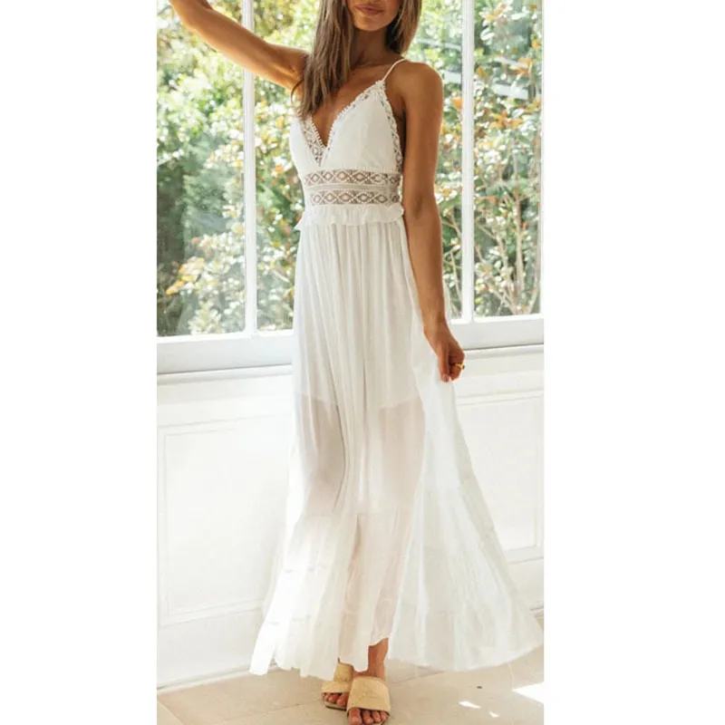 White Maxi Beach Dress: Sexy Spaghetti Strap Backless Lace