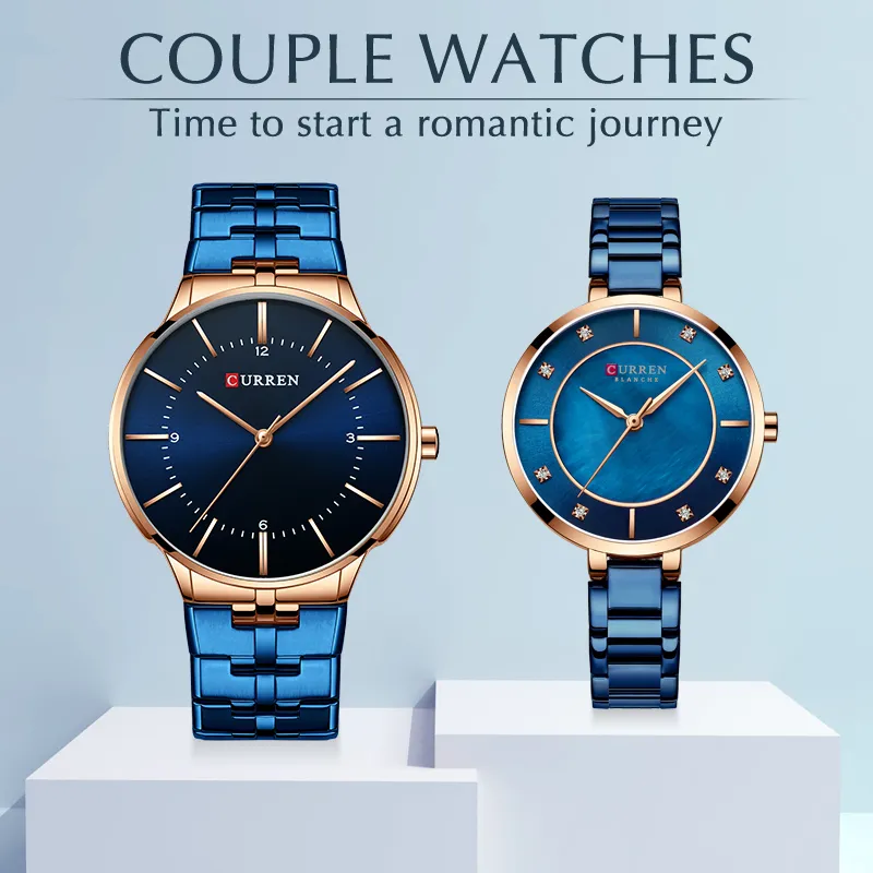 CURREN Couple Montre pour hommes et femmes Amoureux de la mode Montres Montre-bracelet décontractée en acier inoxydable Ensemble d'horloge étanche à vendre 210517