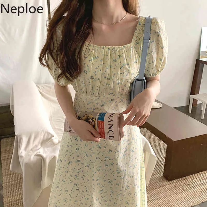 Neploe Vestidos Mujer сладкий квадратный воротник слойки с коротким рукавом платья женщины корейские плиссированные тонкие талии цветочные шифоновые платье 4H835 210422