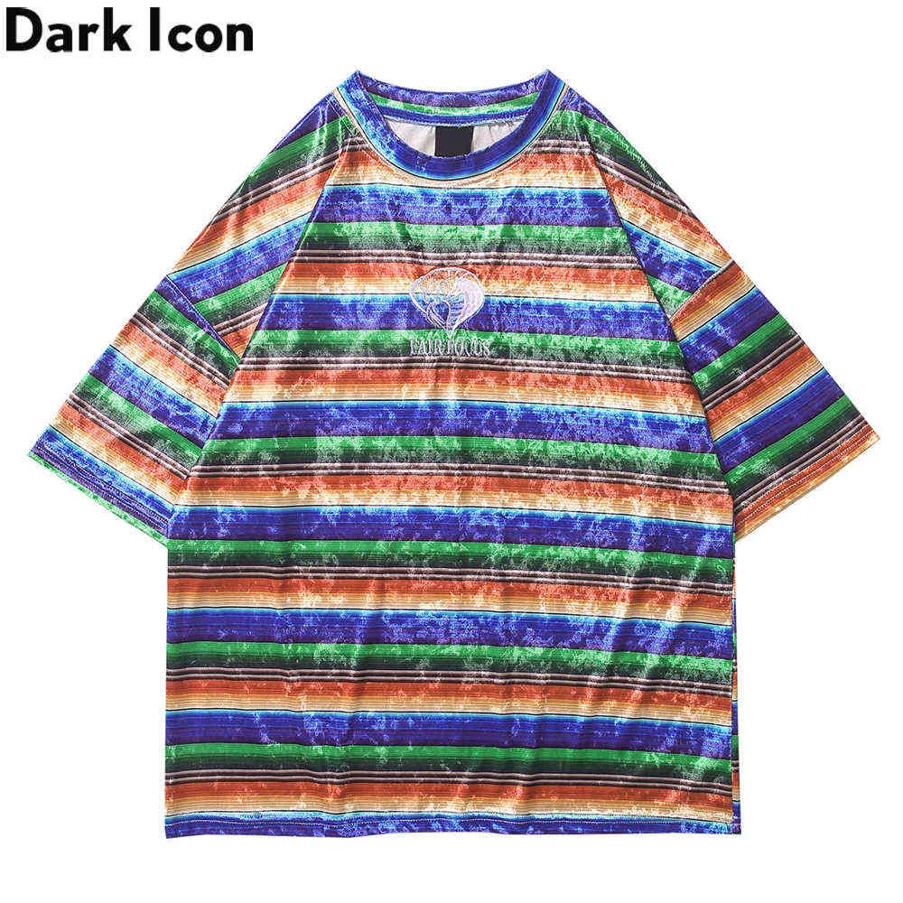 Kolorowe pasek aksamitny T-shirt Mężczyźni Lato Okrągły Neck Męskie Tshirts Streetwear Moda Koszulki 210603