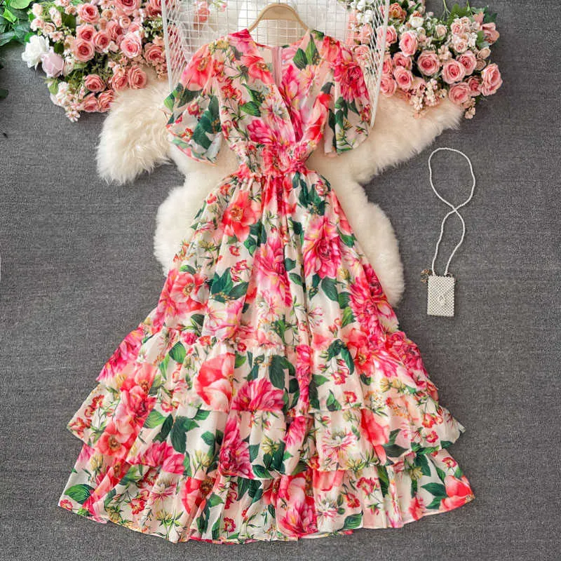 Bohemian rosa blommig lång klänning kvinna sommar blommig tryckta ruffle big swing vestidos kvinnlig a-line robe semester strand 2021 ny y0603