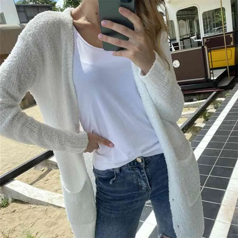 Vooridol gebreide lange vesten witte pluizige herfst winter knop vestigans fuzzy casual office dames cardigan tops 210415