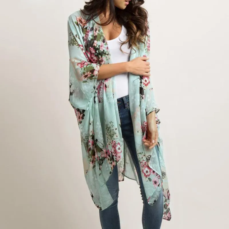 القمصان النسائية Kimono Bohemian Cardigan قميص طباعة الأزهار خمر