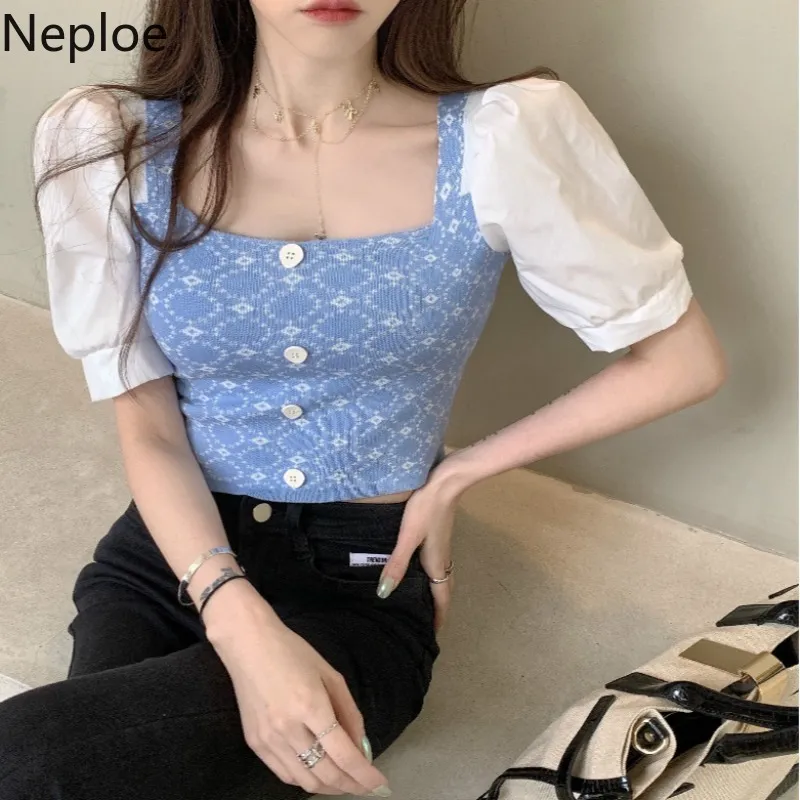 Neploe Women T Shirt Sweet Korean Crop Top Square Neck Patchwork Plaid Tunna Stickade Skjortor Sommarpuff Kortärmad Mode Toppar 210422