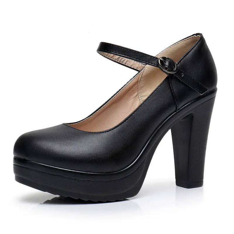 Sapatos de Couro Genuíno Sapato Feminino Dedo Redondo Sapato Feminino Salto Alto Fashion Black Work Shoe Plus Size 33-43