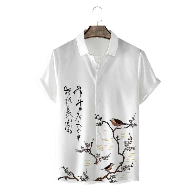 Camicie casual da uomo 2022 Summer Stampando il risvolto Bianco fiore e uccello camicia allentata